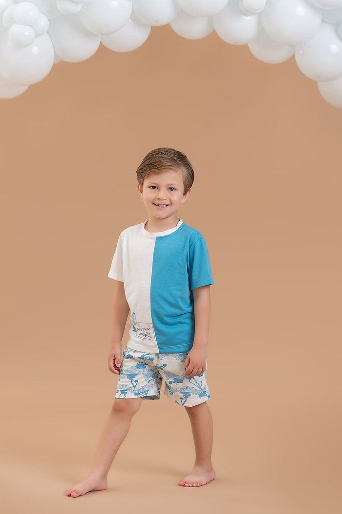 CONJUNTO PIJAMA CAMISETA COM RECORTE EM MEIA MALHA PV E SHORTS EM MEIA MALHA PV MÁQUINA