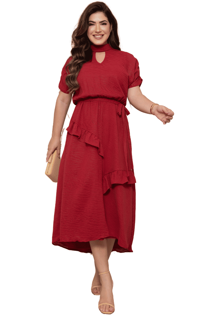 VESTIDO CREPE DEVORE TIGER COM BABADOS E FAIXA - 14218