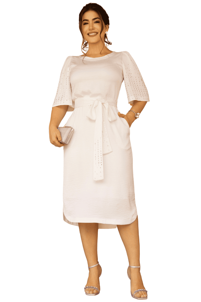 VESTIDO CREPE GLASS COM GOLA CANOA E STRASS NAS MANGAS - 14276