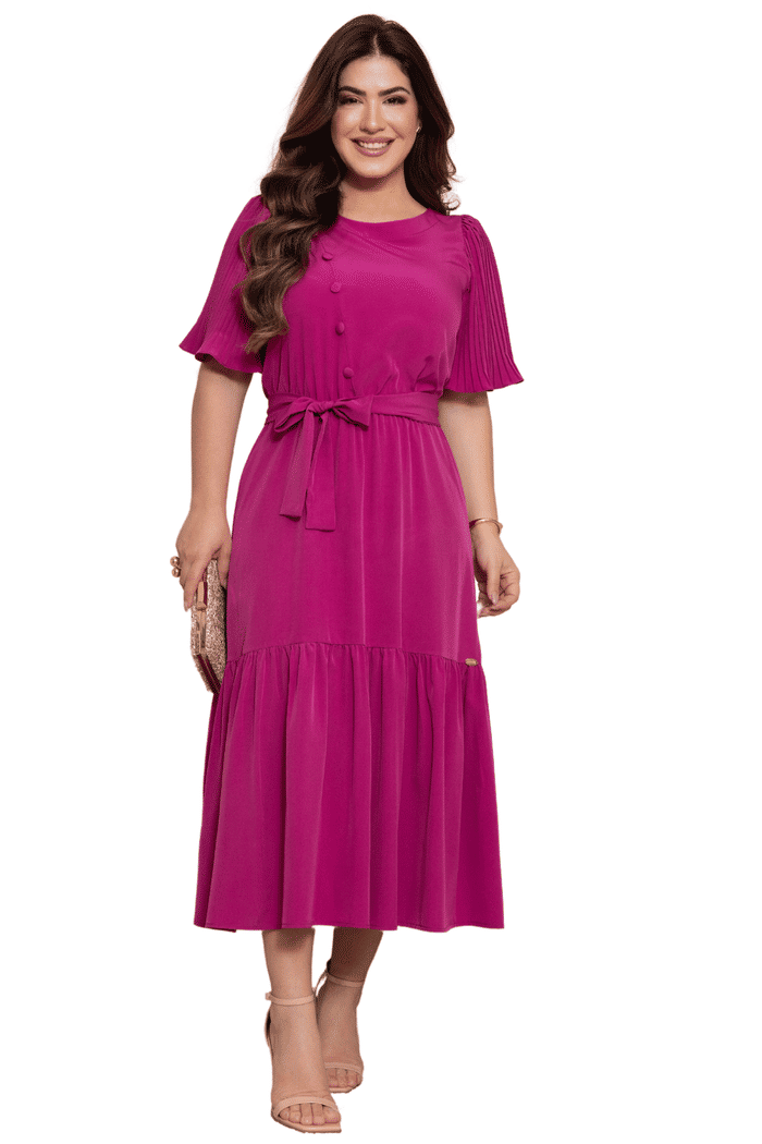 VESTIDO CREPINHO COM MANGAS PLISSADAS E BOTOES - 14163