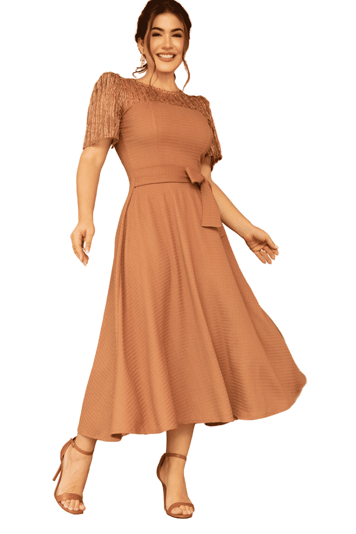 VESTIDO MALHA TEXTURIZADA COM DETALHES EM TULE EM FIO LUREX - 14425