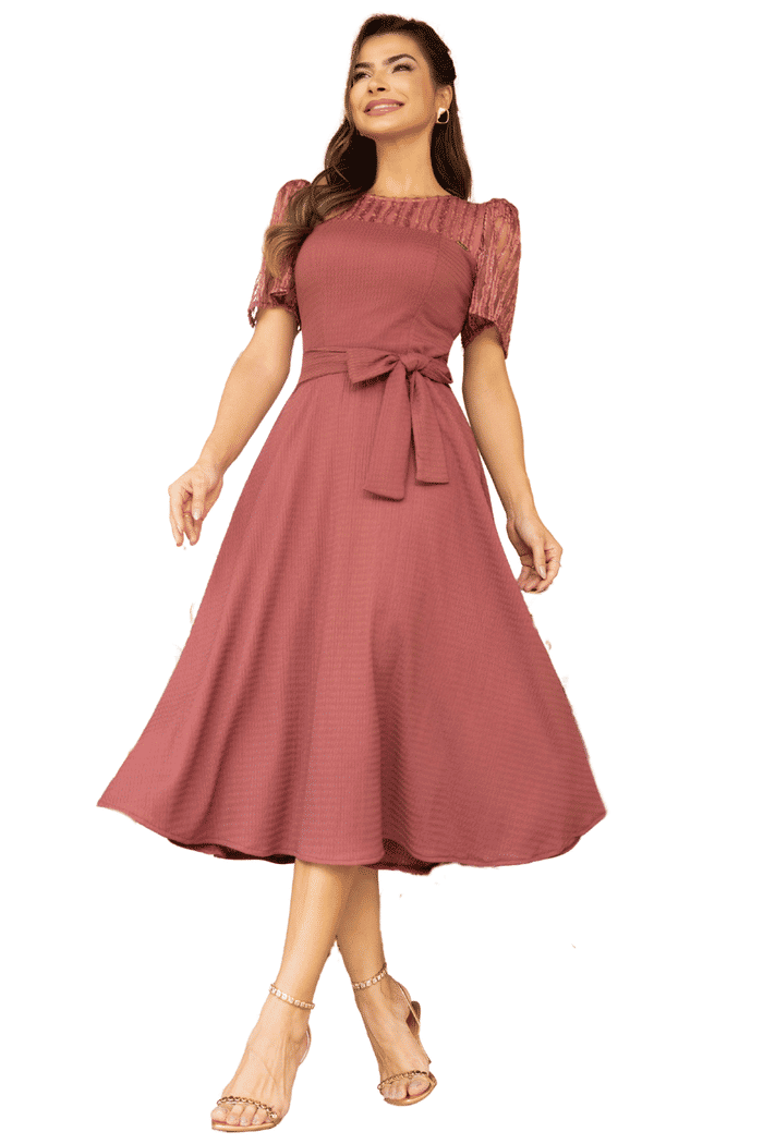 VESTIDO MALHA TEXTURIZADA COM DETALHES EM TULE EM FIO LUREX - 14425