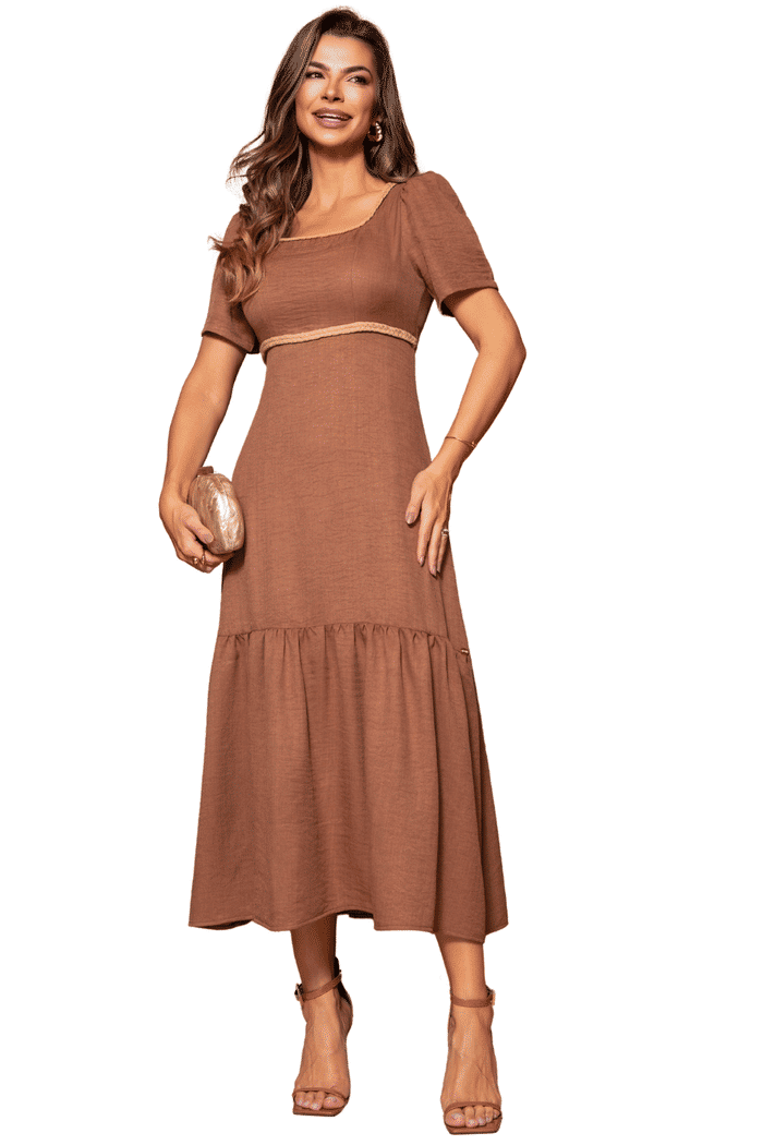 VESTIDO CREPE TEXTURIZADO COM TRANCA NO DECOTE E CINTURA - 14314