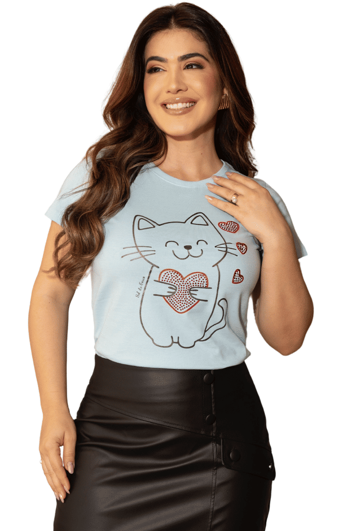 .T-SHIRT 100% ALGODAO GATINHO E CORACOES COM STRASS - 05763