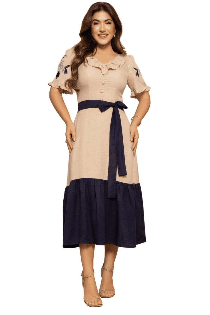 VESTIDO CREPE TEXTURIZADO BICOLOR COM BORDADO NAS MANGAS - 14296
