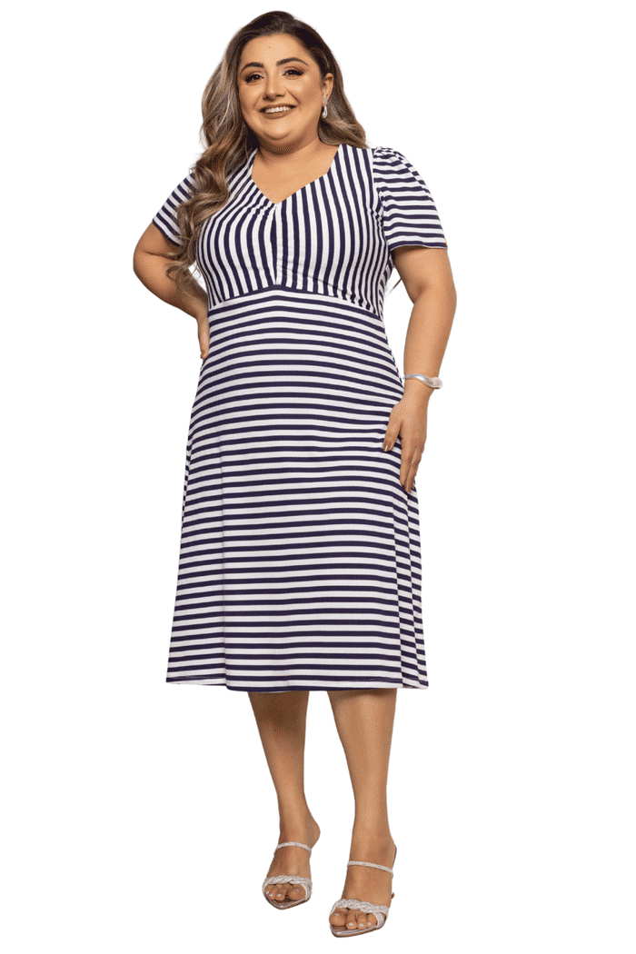 VESTIDO PLUS RIBANA LISTRADO COM FRANZIDO NO DECOTE - 14308