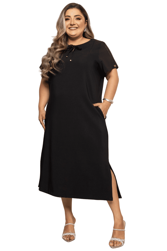 VESTIDO PLUS CREPE BALI COM ENTREMEIOS - 14203