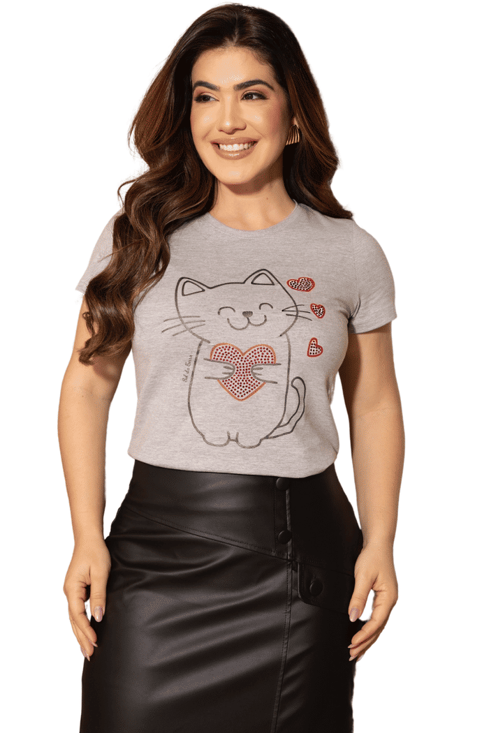 .T-SHIRT 100% ALGODAO GATINHO E CORACOES COM STRASS - 05763