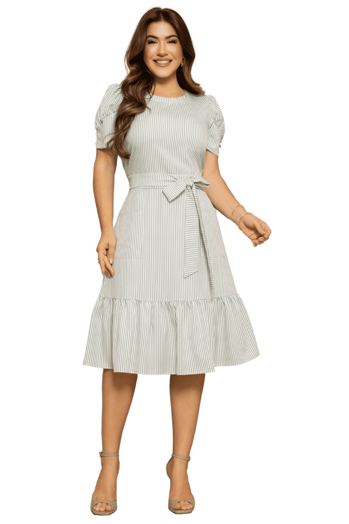 VESTIDO CAMISARIA LISTRADA COM BOTOES E FAIXA - 14225