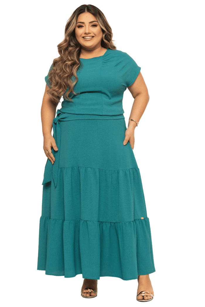 CONJUNTO PLUS CREPE TEXTURIZADO BLUSA RAGLAN E SAIA EVASE - 04609