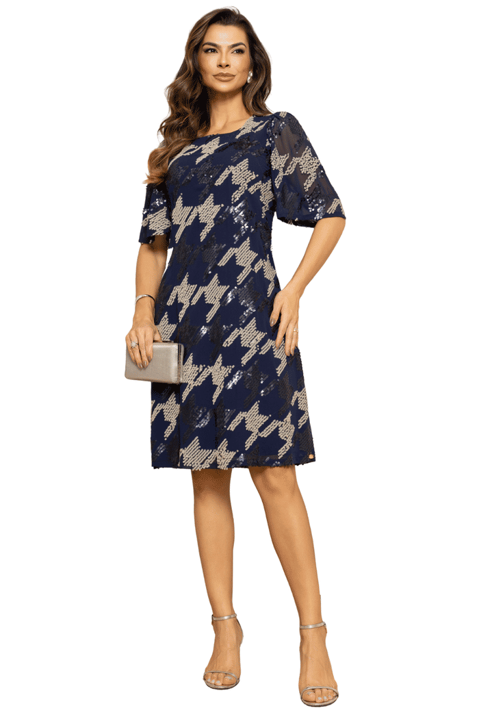 VESTIDO CREPE PAETE PIEDE COM MANGA EVASE - 14355