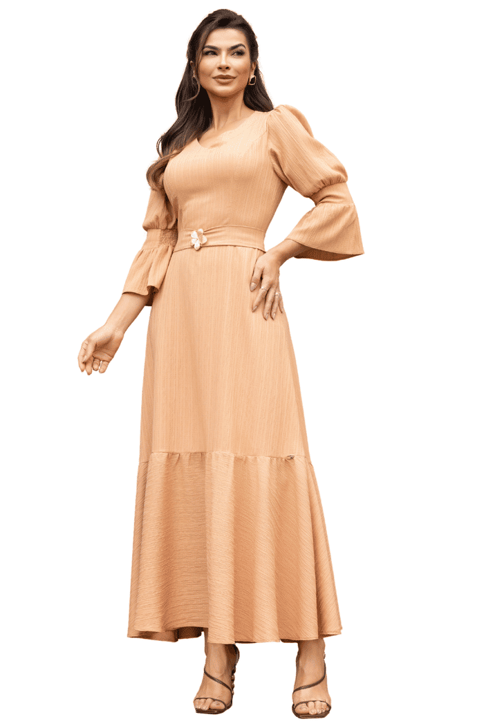 VESTIDO CREPE VIRGINIA COM FIVELA EM FLOR - 14350