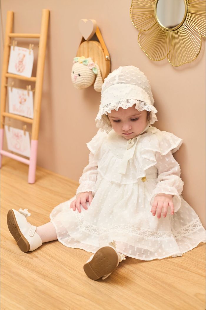 Conjunto batismo vestido e touca de shiffon poá