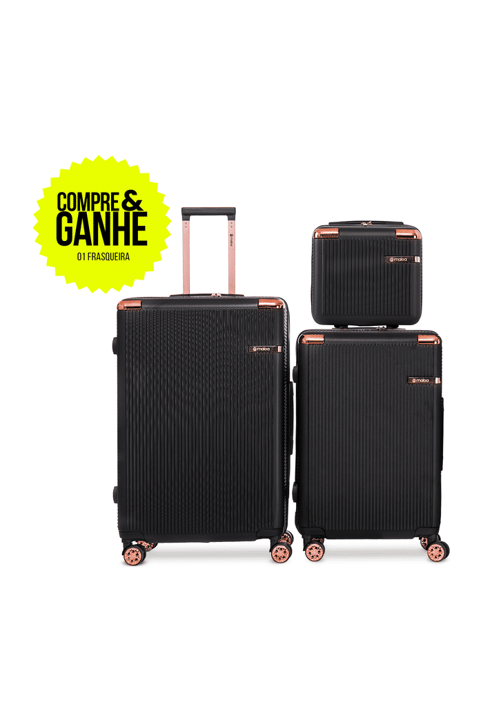 Kit de Malas de Viagem Media 23kg e Grande 32kg e Ganhe Frasqueira Croácia Preto