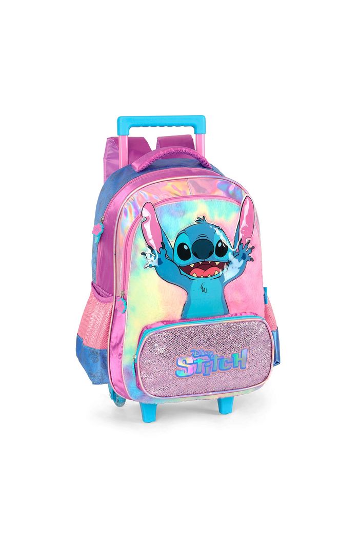 Mochila com Rodinhas Escolar Infanti Stitch Happy em Plush com Glitter Roxo 