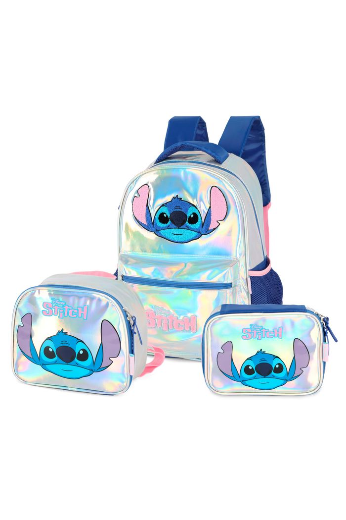 Kit Escolar Infantil com Mochila de Ombro, Lancheira e Estojo Grande Holográfico Stitch Prata