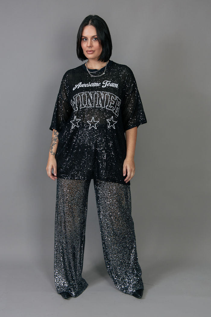 CALÇA PANTALONA PAETÊ PRATA COM ELÁSTICO CÓS