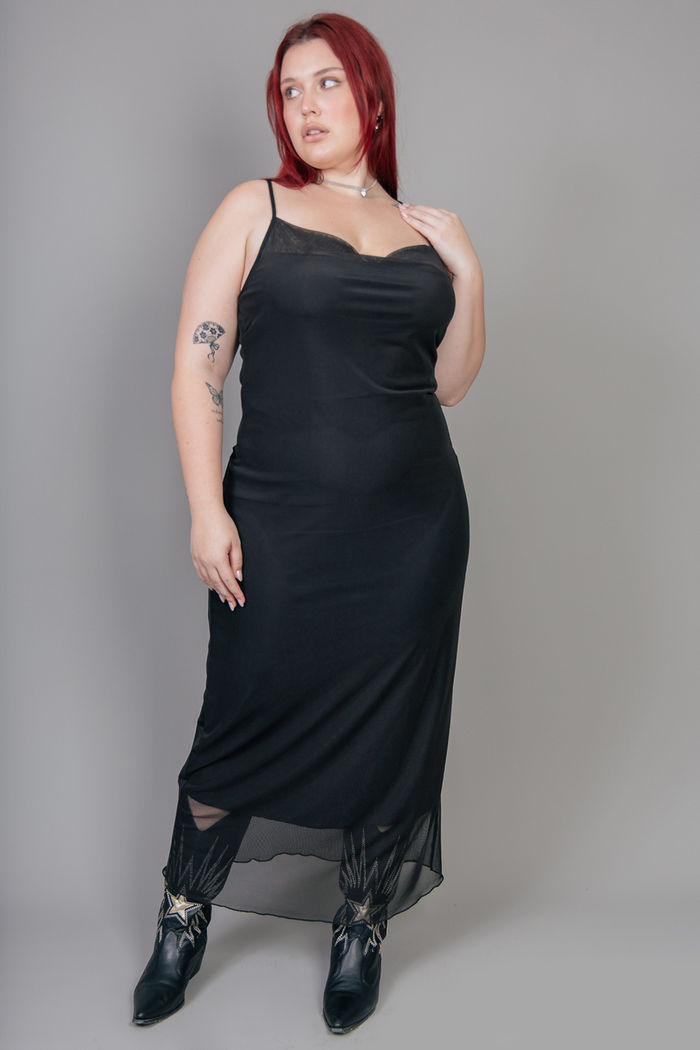 VESTIDO LONGO SLIP DREES DE TULE PRETO
