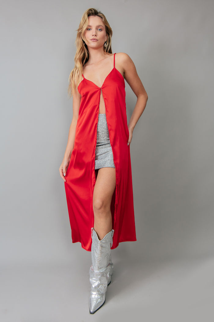 BLUSA ALONGADA DE ALCINHA ACETINADA VERMELHA