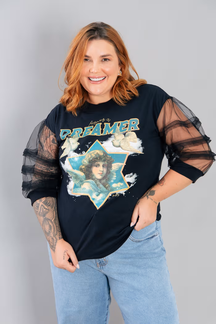 CAMISETA T-SHIRT PRETA MANGA TULE BUFANTE DREAMER