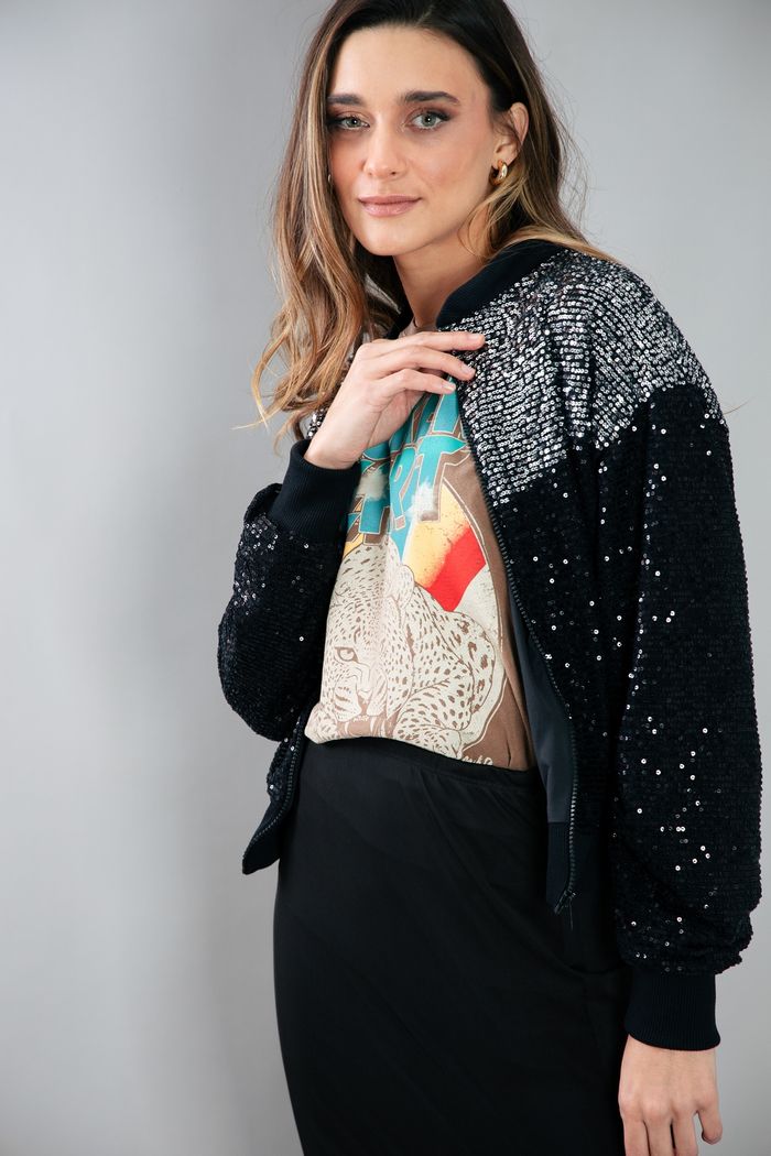 JAQUETA BOMBER PAETE PRETO COM PRATA