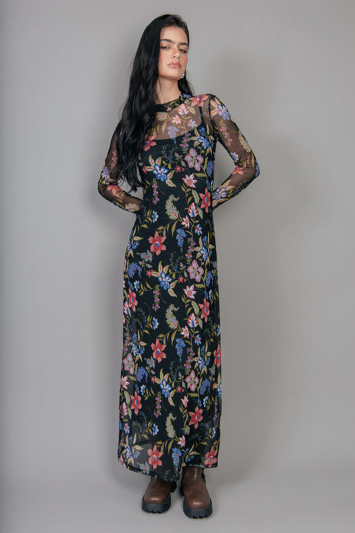 VESTIDO LONGO MANGA LONGA DE TULE ESTAMPADO FLORAL