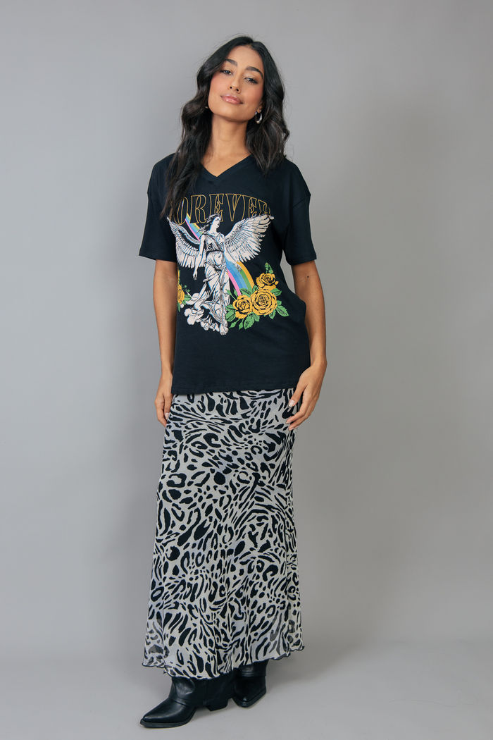 SAIA LONGA CINTURA MÉDIA DE TULE ANIMAL PRINT PRETO E BRANCO