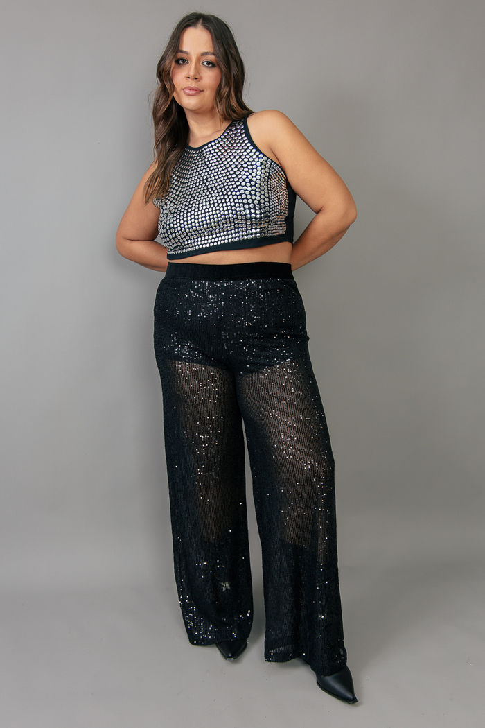 CALÇA PANTALONA PAETÊ PRETO COM ELÁSTICO CÓS