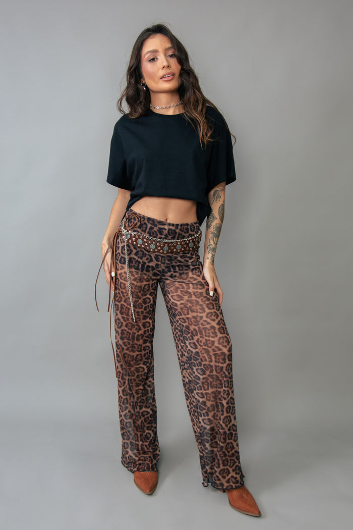 CALÇA ESTAMPA ONÇA NEW DE TULE COM FORRO