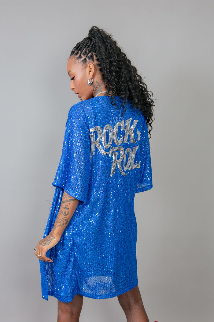 KIMONO COMPRIDO EM PAETÊ AZUL BORDADO PARTY ON