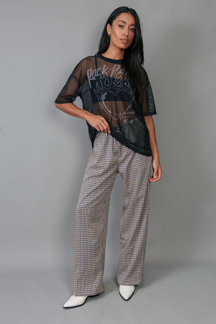 CALÇA SOLTINHA MARROM XADREZ