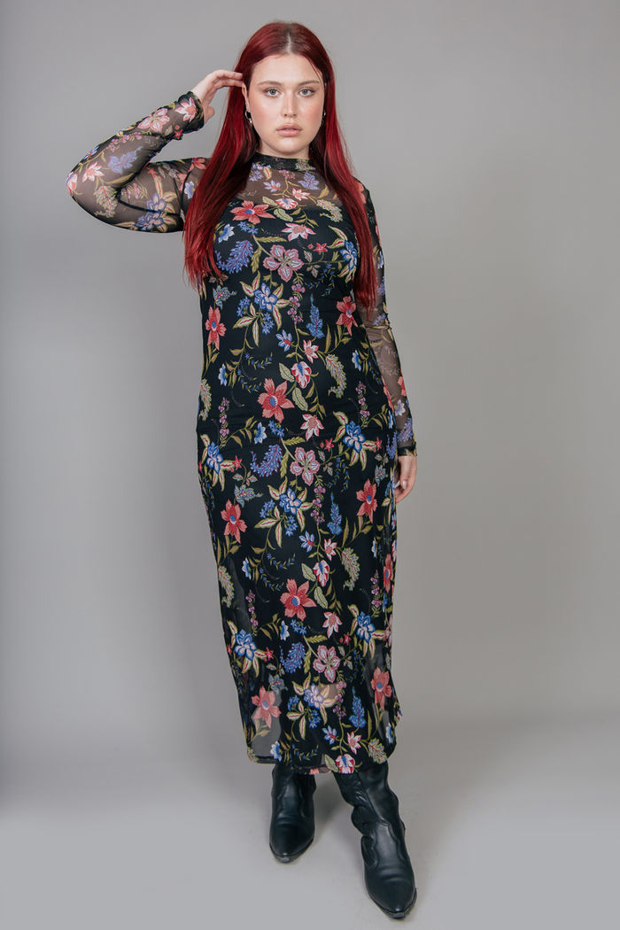 VESTIDO LONGO MANGA LONGA DE TULE ESTAMPADO FLORAL