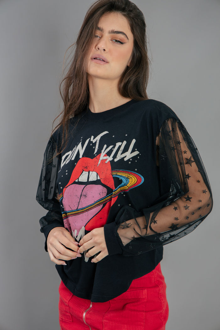 CAMISETA PRETA MANGA LONGA DE TULE ESTRELA  MY VIBE