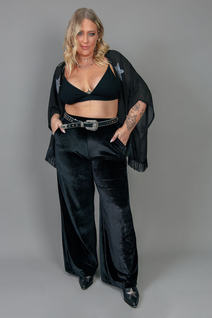 CALÇA PANTALONA VELUDO MOLHADO PRETO