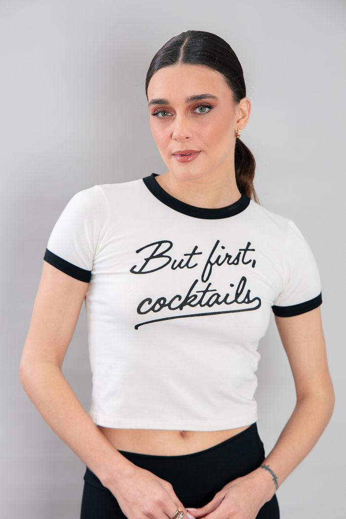 T-SHIRT BABYLOOK DE COTTON OFF COM DEBRUM PRETO FIRST COCKTAILS