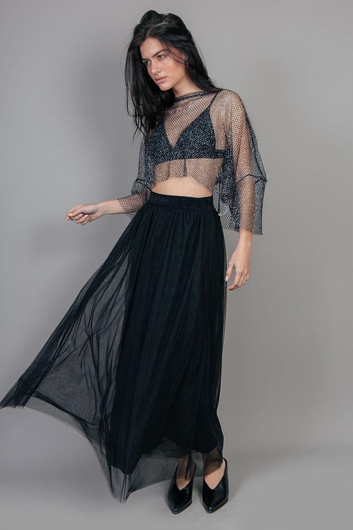 SAIA MIDI DE TULE PRETA COM FORRO