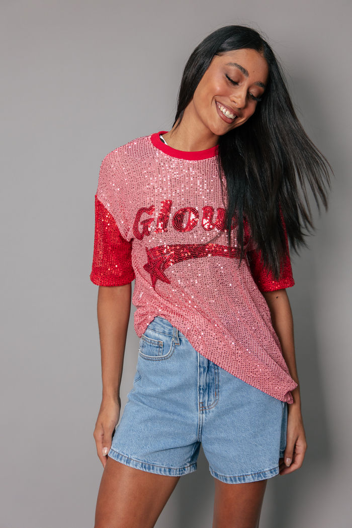 T-SHIRT VINTAGE DE PAETÊS ROSA E VERMELHA COM BORDADO GLOWY
