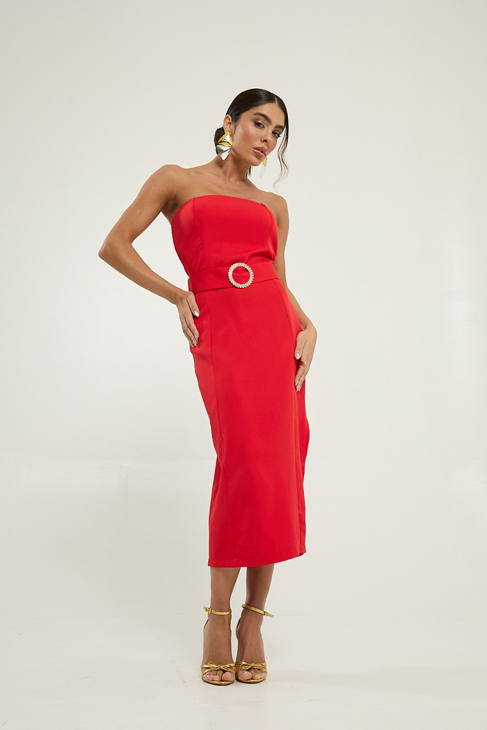 Vestido Midi com Fivela Strass