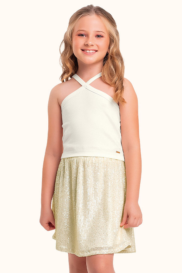 Conjunto regata em cotton leve e saia em tecido lantejoula