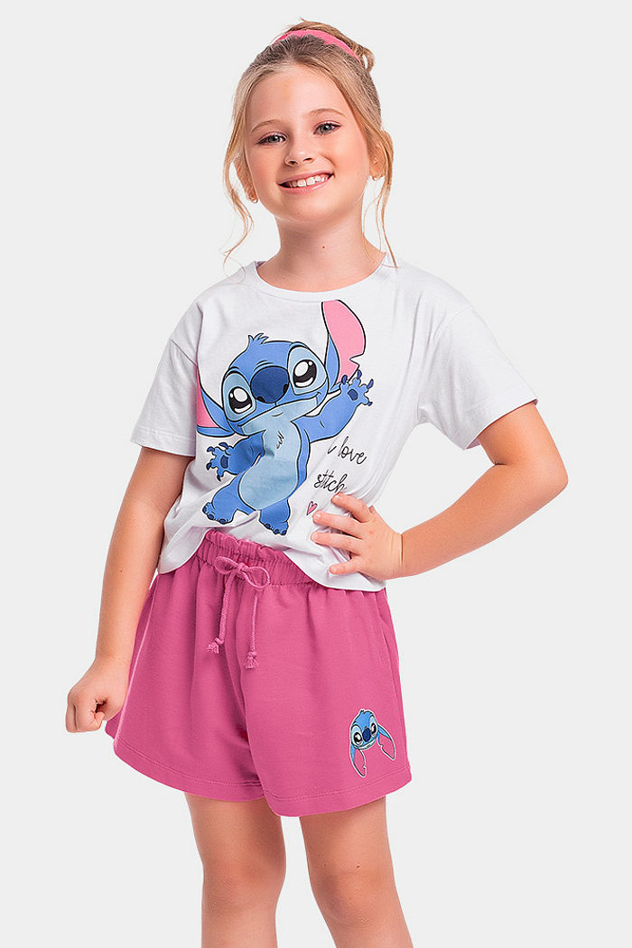 Conjunto blusa e short com cadarço decorativo Lilo & Stitch