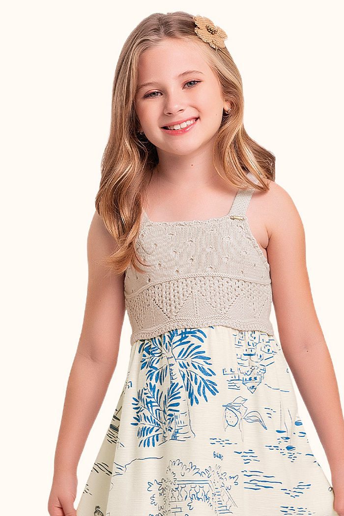 Vestido em meia malha flamê com frente em tricot