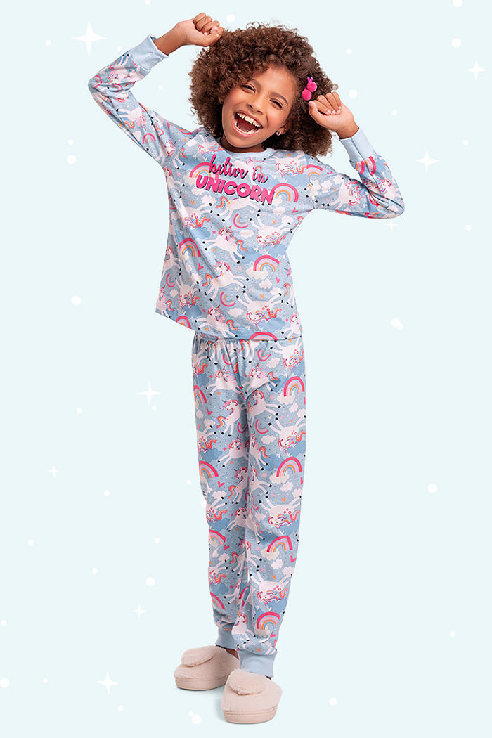 Conjunto pijama blusa manga longa e calça Unicornio