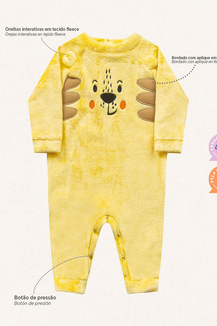 Macacão manga longa em tecido fleece bichinho
