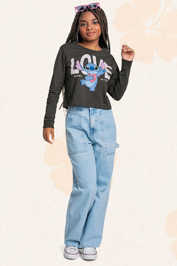 Blusa manga longa em meia malha Lilo & Stitch love
