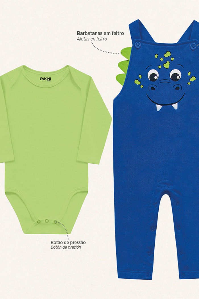 Conjunto body manga longa em suedine e macacão em moletom dino