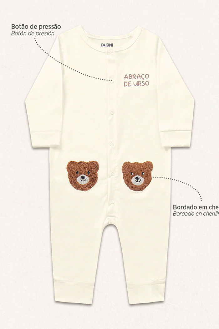 Macacão manga longa em meia malha urso