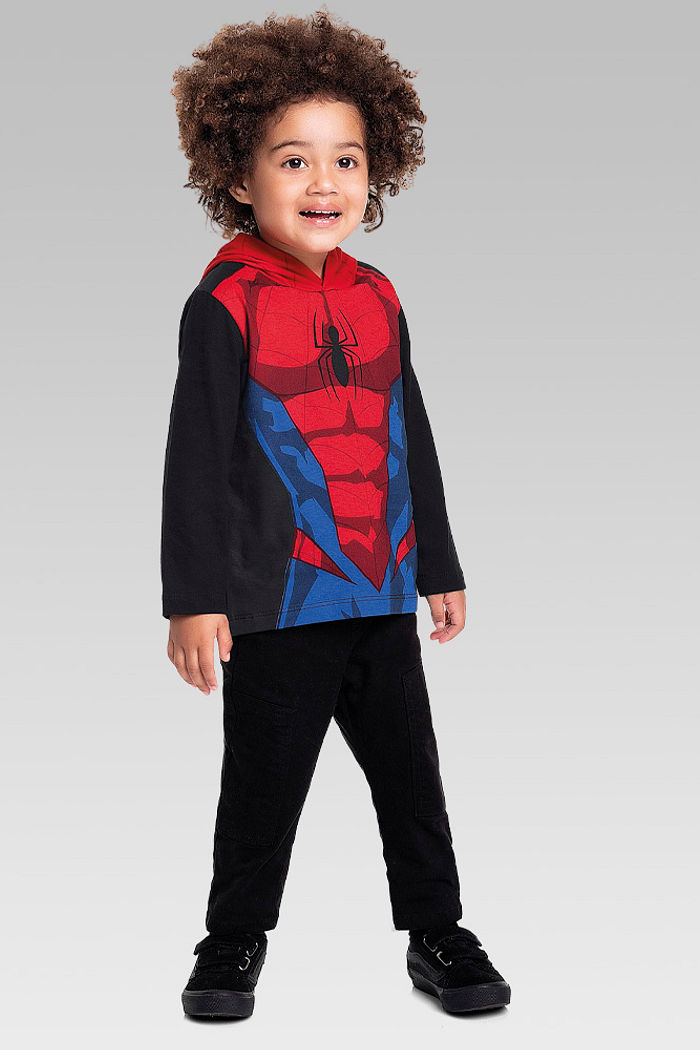 Camiseta manga longa com capuz em meia malha homem-aranha