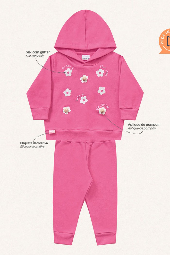 Conjunto blusão com capuz e calça em moletom flores