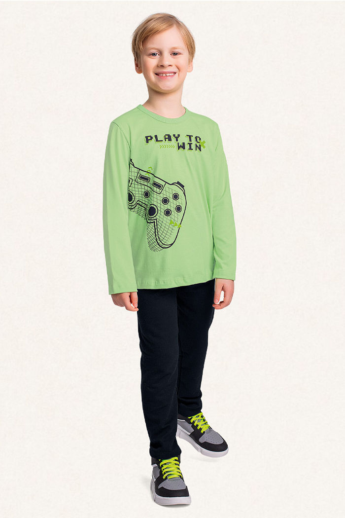 Conjunto play camiseta manga longa em meia malha e calça em moletinho