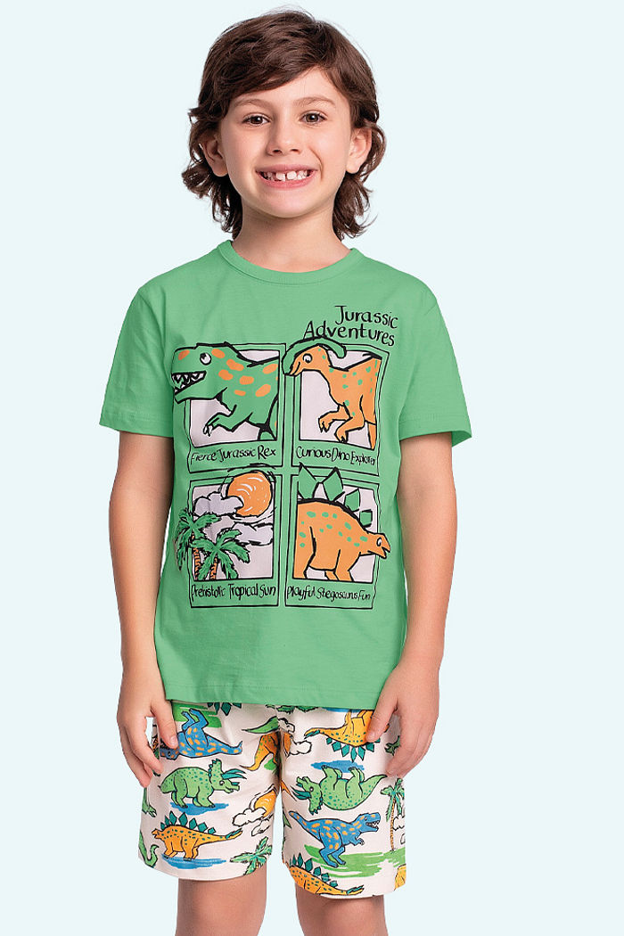 Conjunto pijama camiseta e bermuda dino adventures
